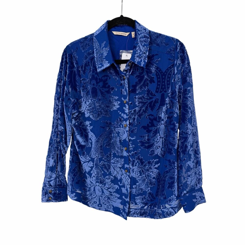 NEW Soft Surroundings Floreat Velvet Burnout Shirt in Sapphire Blue PM